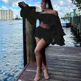 Women's four-side elastic navel pleated top+short skirt 2-piece suit