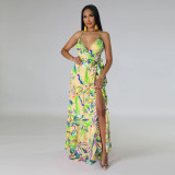 Simulated silk printed V-neck beach dress with strap