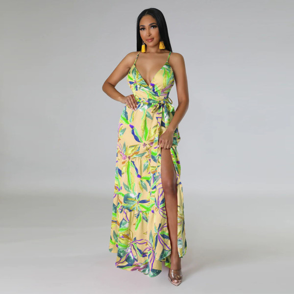 Simulated silk printed V-neck beach dress with strap