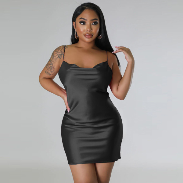 Women's pure color backless short skirt, imitation silk sexy swing neck dress with suspenders