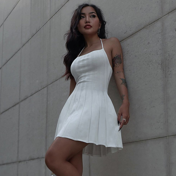 Temperament Waist Waist Show Thin Party Dress Sexy Hanging Neck Spicy Girl Open Back Woolen Short Dress