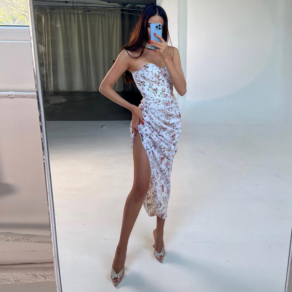 Print design shows chest and thin dress party style sexy slim fit bra split skirt
