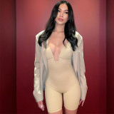 Women's minimalist slim solid color suspender with deep V underpin short jumpsuit
