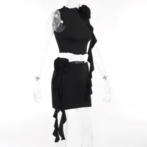 Temperament Slim Fashion Casual Women's Flower Top Wrapped Hip Short Skirt Spicy Girl Set