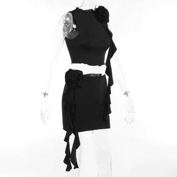Temperament Slim Fashion Casual Women's Flower Top Wrapped Hip Short Skirt Spicy Girl Set