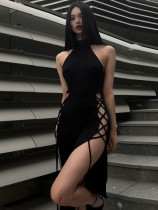 Slim Slim Spicy Girl Long Dress Sexy Hanging Neck Hollow Double Split Dress Slim Slim Spicy Girl Long Dress Sexy Hanging Neck Hollow Double Split Dress