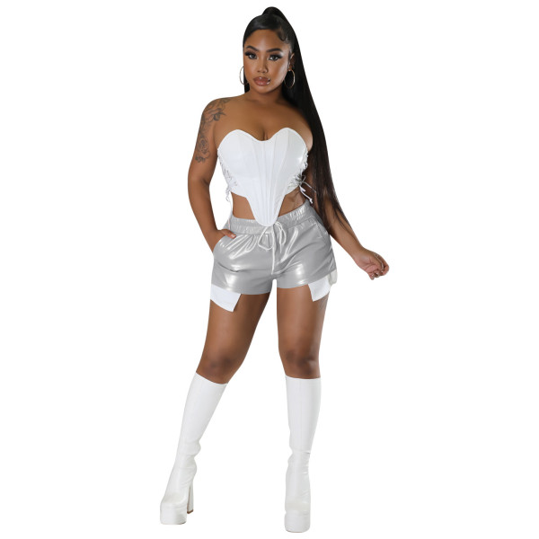 Elegant and fashionable deep pocket strap PU leather shorts