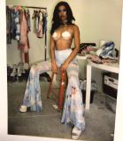 Digital printing mesh perspective flared trousers