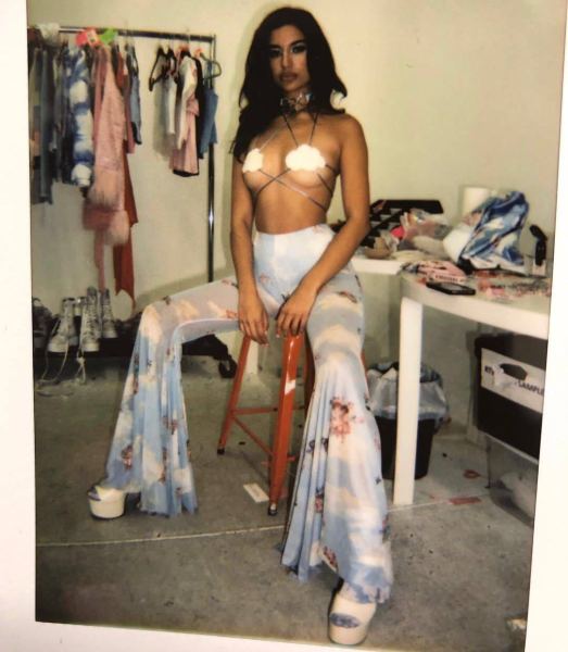 Digital printing mesh perspective flared trousers