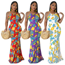 U-neck strap sexy open back fishtail print dress U-neck strap sexy open back fishtail print dress
