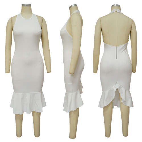 Solid color hanging neck dress with buttocks and fishtail skirt