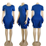 Women's short sleeve pleated irregular wave dress without belt