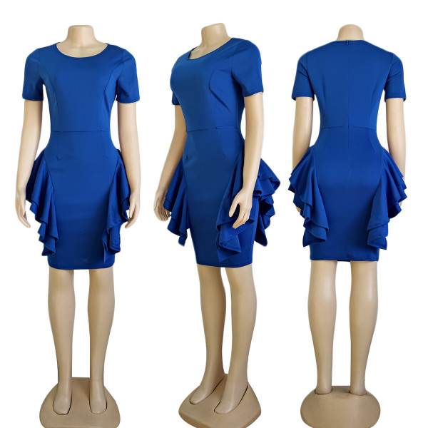 Women's short sleeve pleated irregular wave dress without belt