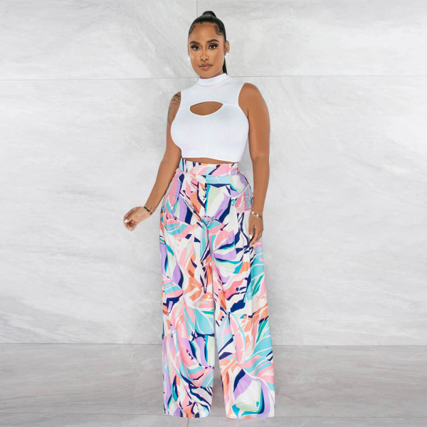 Sleeveless round neck short top printed wide leg pants two-piece set
