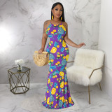U-neck strap sexy open back fishtail print dress