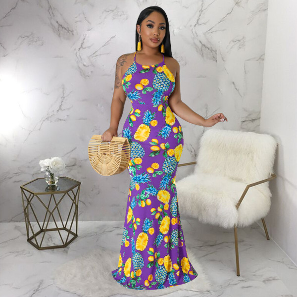 U-neck strap sexy open back fishtail print dress