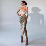 Print design shows chest and thin dress party style sexy slim fit bra split skirt