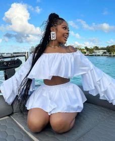 Women's four-side elastic navel pleated top+short skirt 2-piece suit