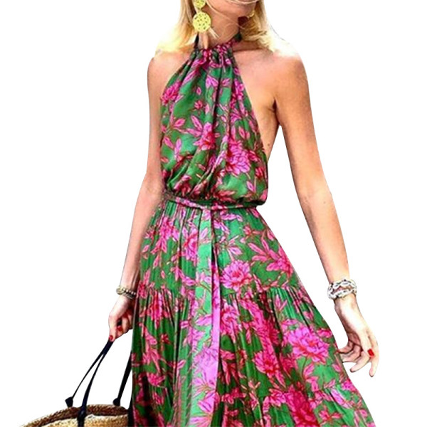 Women's neck hanging sexy backless printed fashion dress