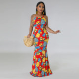 U-neck strap sexy open back fishtail print dress