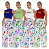 Sleeveless round neck short top printed wide leg pants two-piece set