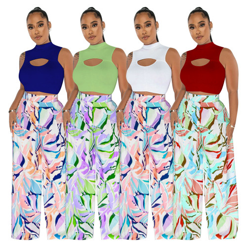 Sleeveless round neck short top printed wide leg pants two-piece set