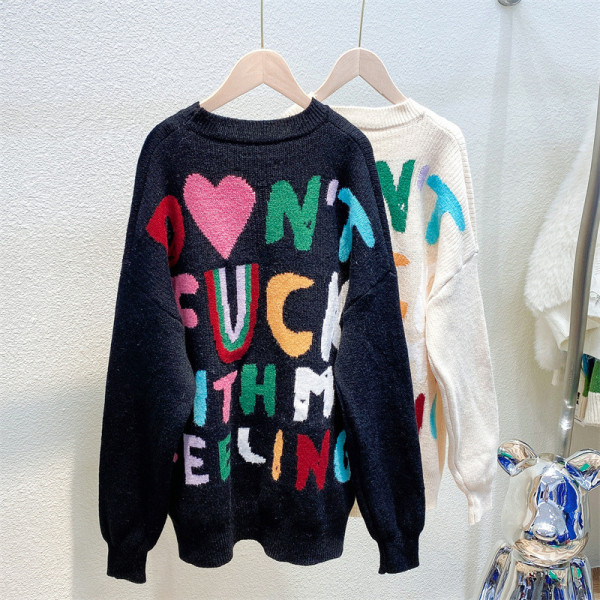 Colorful letter jacquard sweater slouchy loose versatile warm knit top