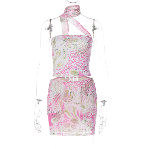 Hanging neck vest short buttock print skirt suit