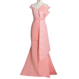 Irregular lace one-line neck handmade lotus leaf beaded slim dress