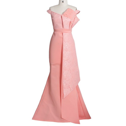 Irregular lace one-line neck handmade lotus leaf beaded slim dress