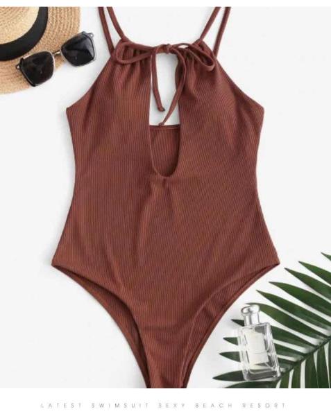 Sexy striped high-waisted conservative one-piece swimsuit