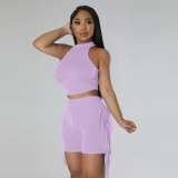 Fashion women's sleeveless round neck tassel plain casual two-piece set