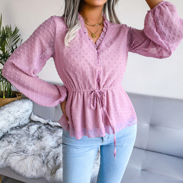 Lantern long-sleeved ruffle lace up waistband polka dot chiffon shirt
