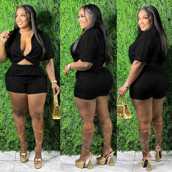 Large women's summer new style solid sexy short-sleeved shorts two-piece set
