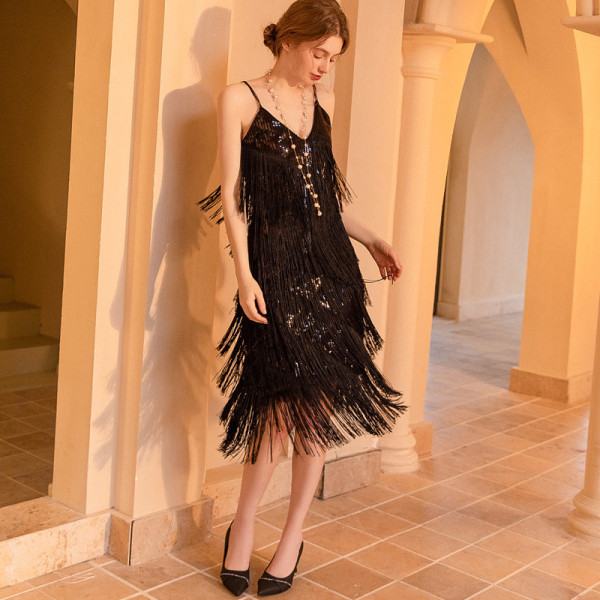 Evening Party Wedding Bridesmaid Dresses Through Sexy Nightclub Black Sequins Fringe Dress Slings
