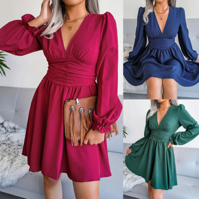 Sexy V-neck waist chiffon pleated dress