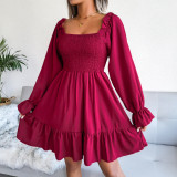 Square-neck flared long-sleeved ruffle hem dress