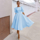 Solid color slim women's dress sexy temperament big swing short sleeve skirt