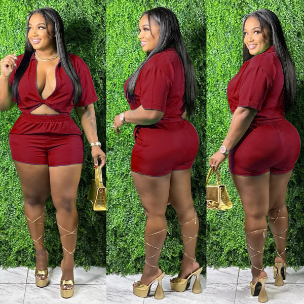 Large women's summer new style solid sexy short-sleeved shorts two-piece set