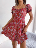 Flare sleeve drawstring lace-up floral hem dress