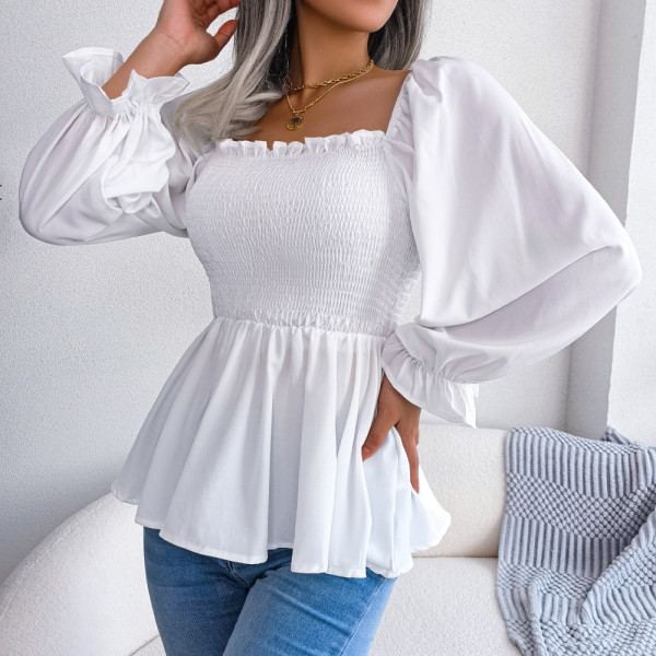 Casual wooden ear edge square neck long-sleeved chiffon shirt