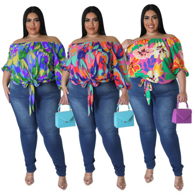 Casual loose one-line collar fat woman print top