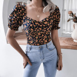 Casual lantern sleeve square neck sexy floral chiffon shirt top