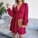 Sexy V-neck waist chiffon pleated dress