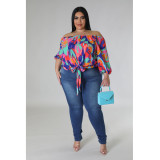 Casual loose one-line collar fat woman print top