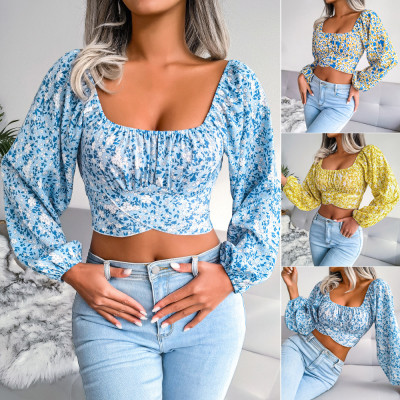 Lantern sleeve bow floral chiffon shirt holiday style navel exposed top