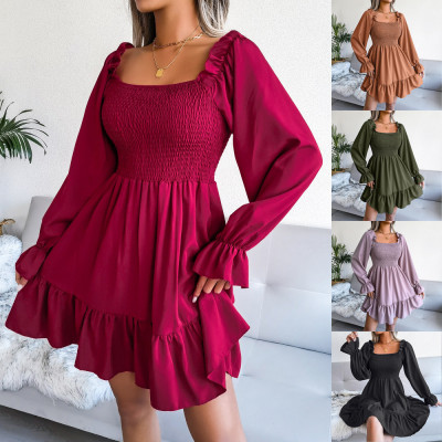 Square-neck flared long-sleeved ruffle hem dress