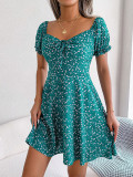 Flare sleeve drawstring lace-up floral hem dress