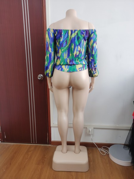 Casual loose one-line collar fat woman print top