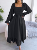 Casual square neck flared skirt with large hem ruffle skirt